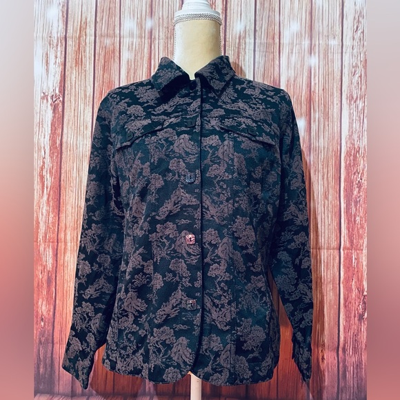 Women’s Medium Jacket Susan Graver ‘Shacket’ Shirt Jacket Brown Black Floral - Picture 2 of 9